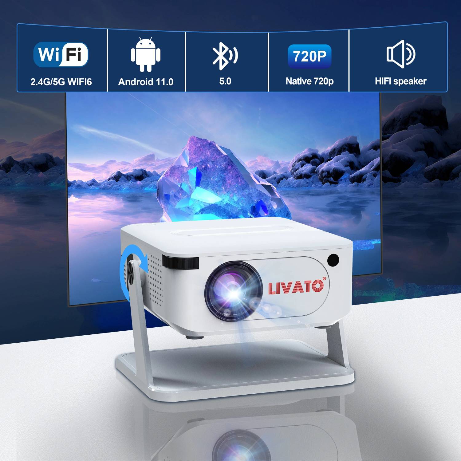 Livato HA109 4K Support Native HD Android 11 Freestyle Auto Keystone (5000 lm / 1 Speaker / Wireless / Remote Controller) Portable Projector - Image 2