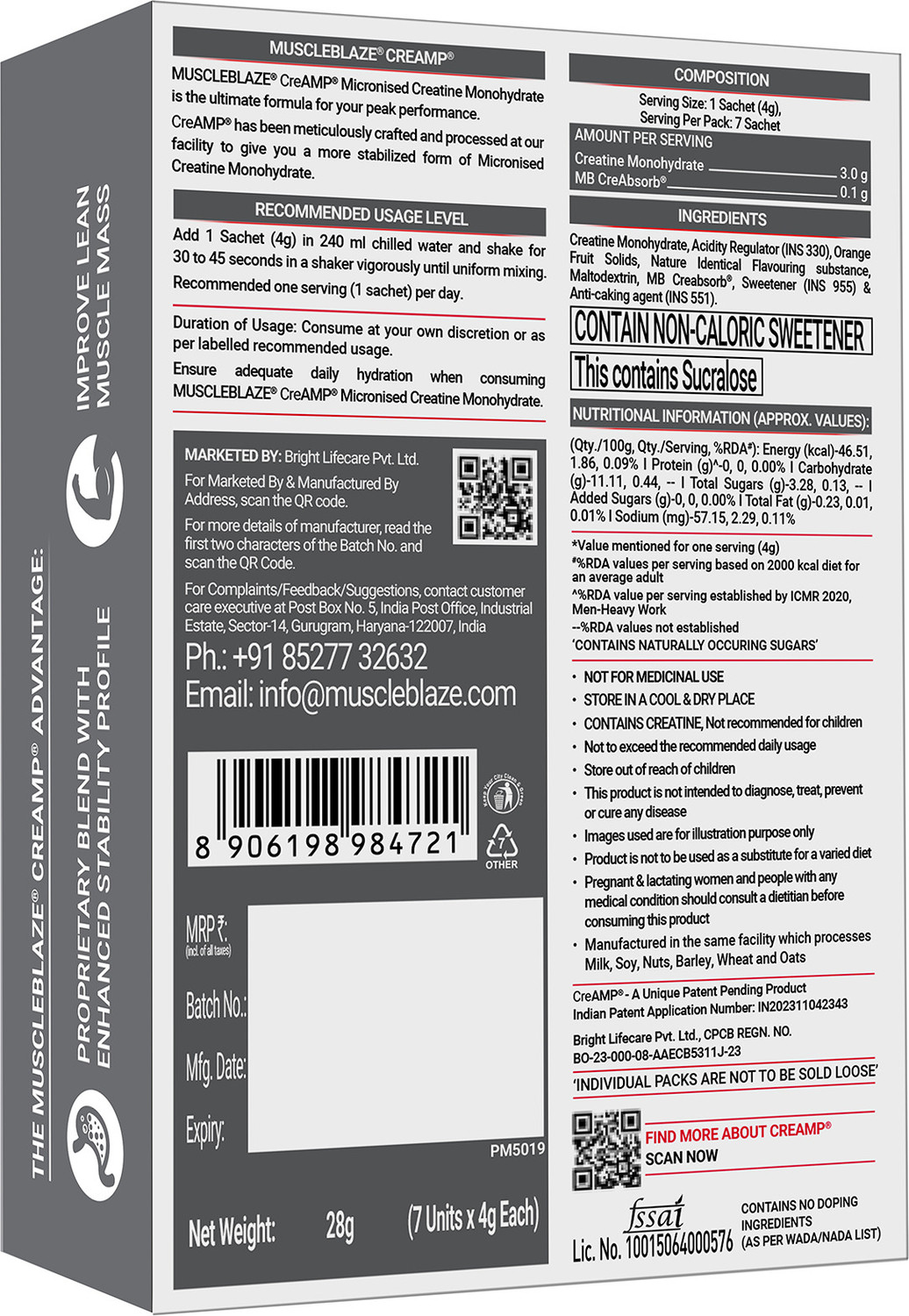 Image of MUSCLEBLAZE Micronised Creatine Monohydrate CreAMP Powder, 7 Sachets | Trustified Certified Creatine