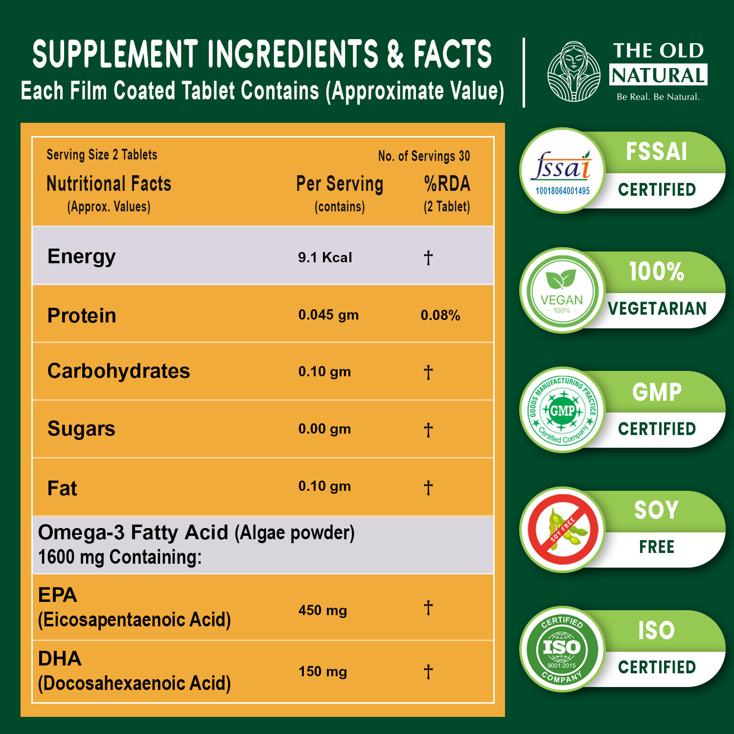 Image of The Old Natural Salmega Omega 3 1600mg | Algae DHA EPA Supplement | Plant Based 60 Capsules Plant-Based Protein