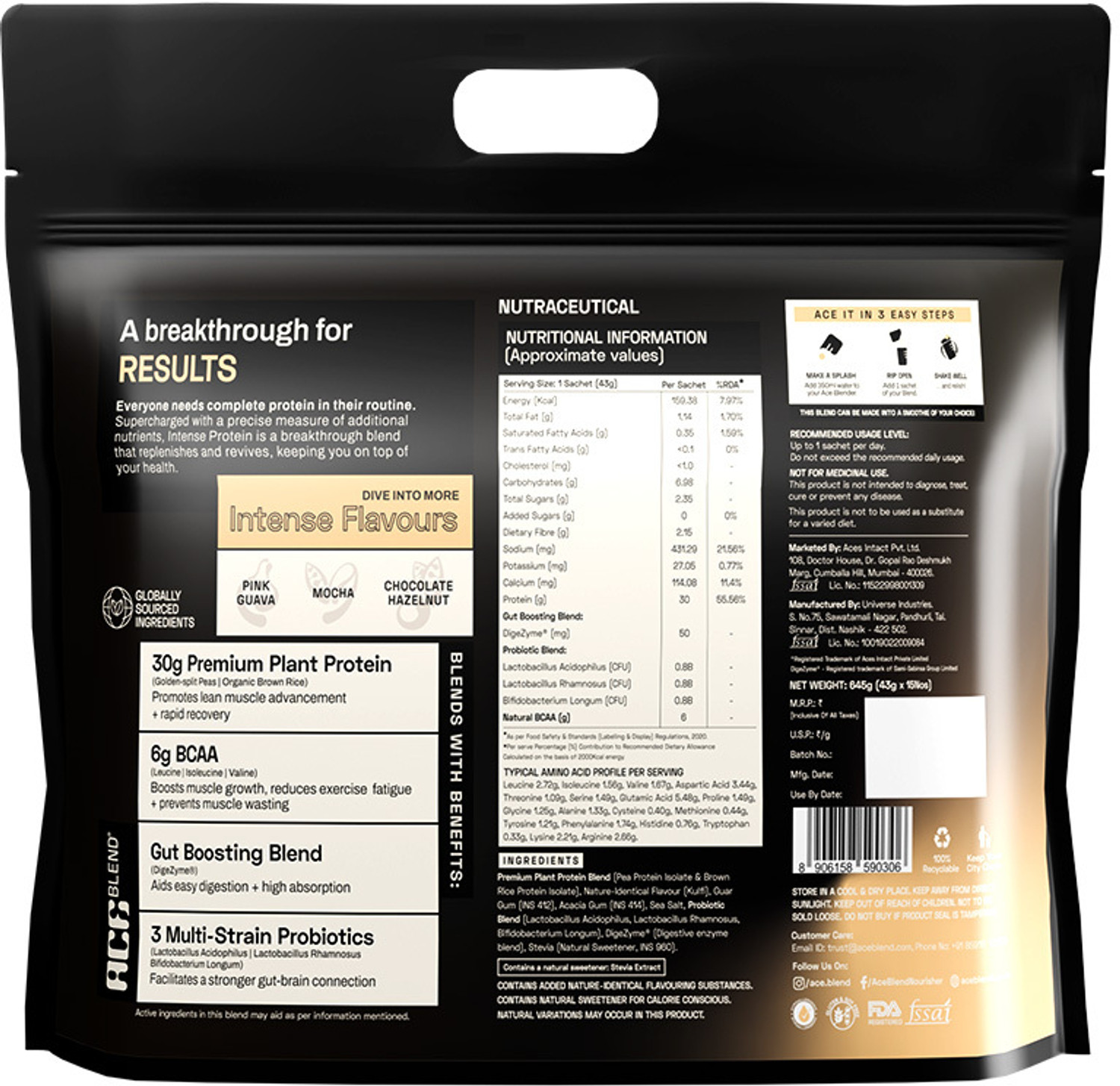 Image of Ace Blend INTENSE, 30G A-Grade Vegan Plant Protein Powder for Men & Women Plant-Based Protein