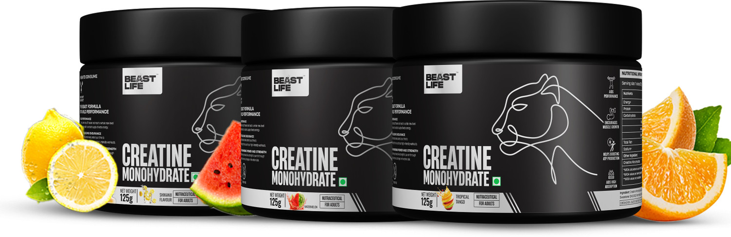 Image of BeastLife Creatine Monohydrate (125g x 3) | 33 Servings | NABL Lab Tested | Pack of 3 Creatine