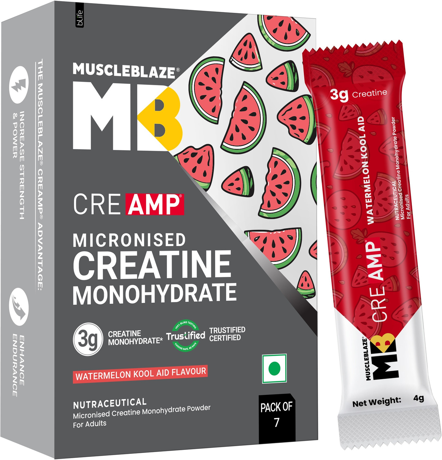 Image of MUSCLEBLAZE Micronised Creatine Monohydrate CreAMP Powder, 7 Sachets | Trustified Certified Creatine