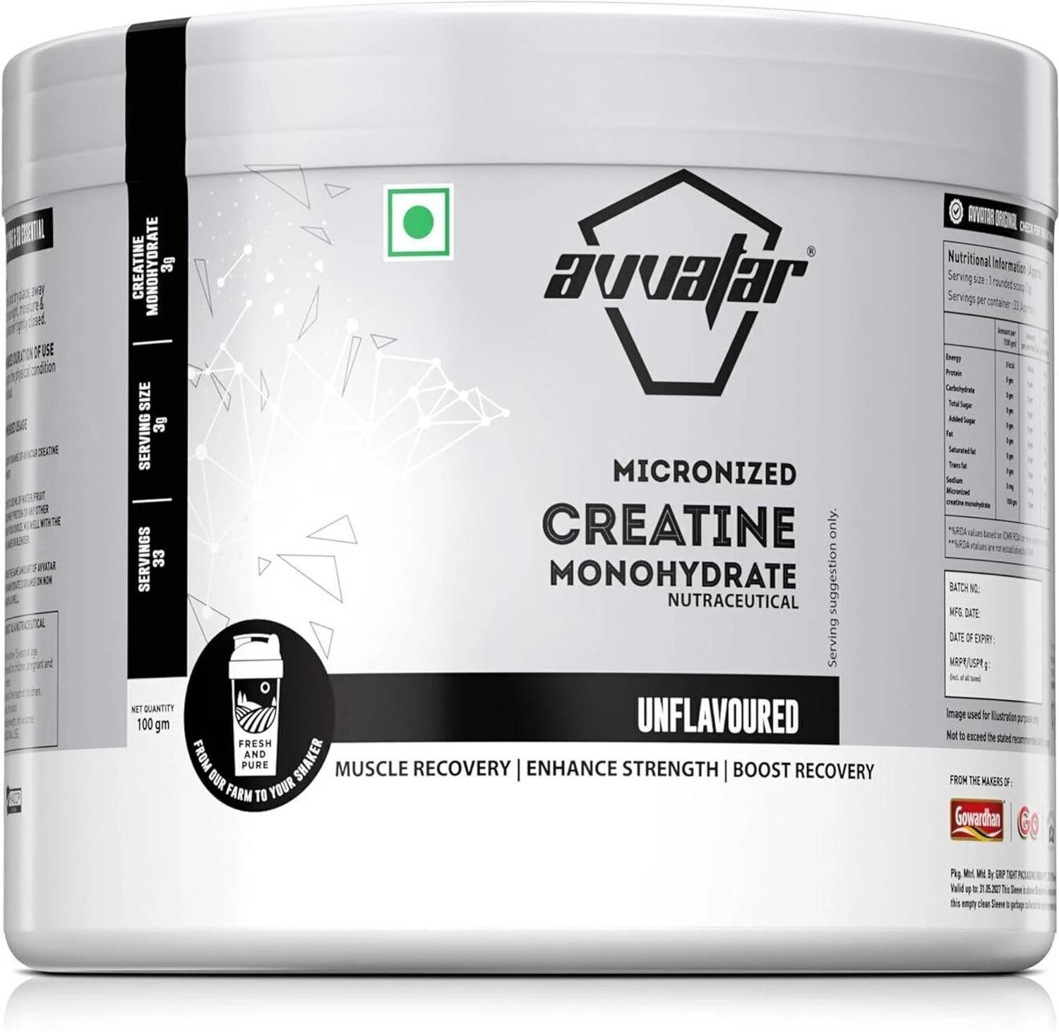 Avvatar Micronised Creatine Monohydrate 100 gm (Unflavoured) Creatine