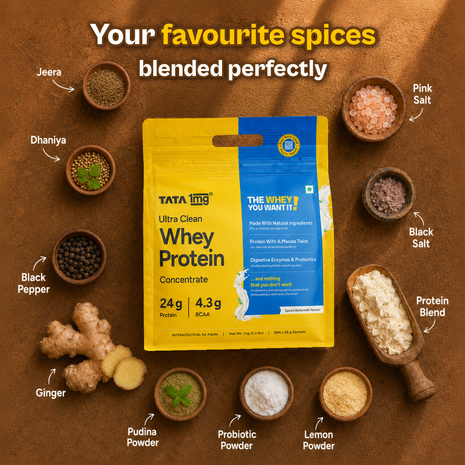 Image of TATA 1mg Ultra Clean Whey Protein Concentrate|24g Protein|Lab-Tested|28 sachets Whey Protein