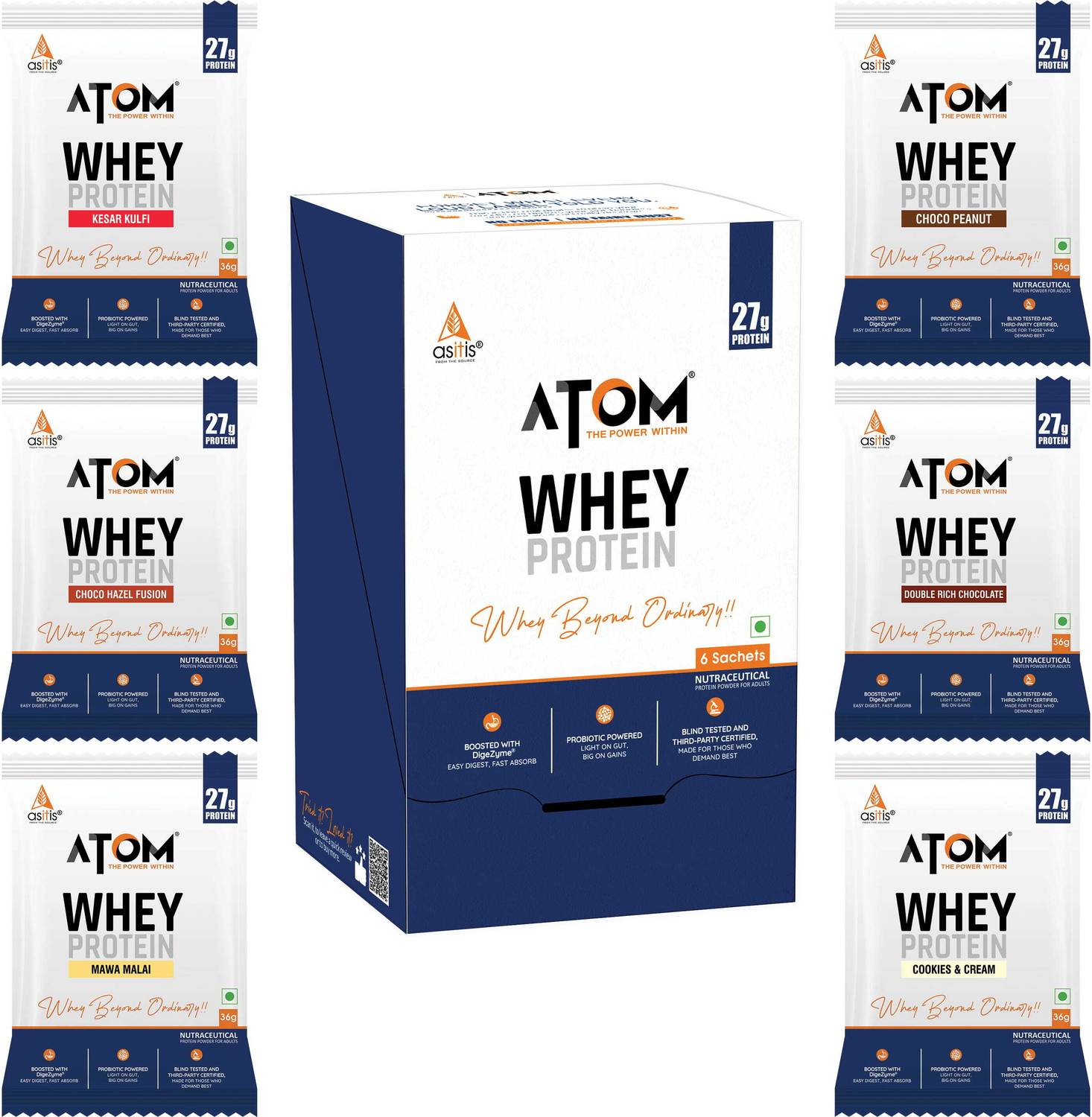 AS-IT-IS Nutrition ATOM Whey Protein, 27g Protein, DigeZyme & Probiotics, Easy Carry No Excuse Pack Whey Protein