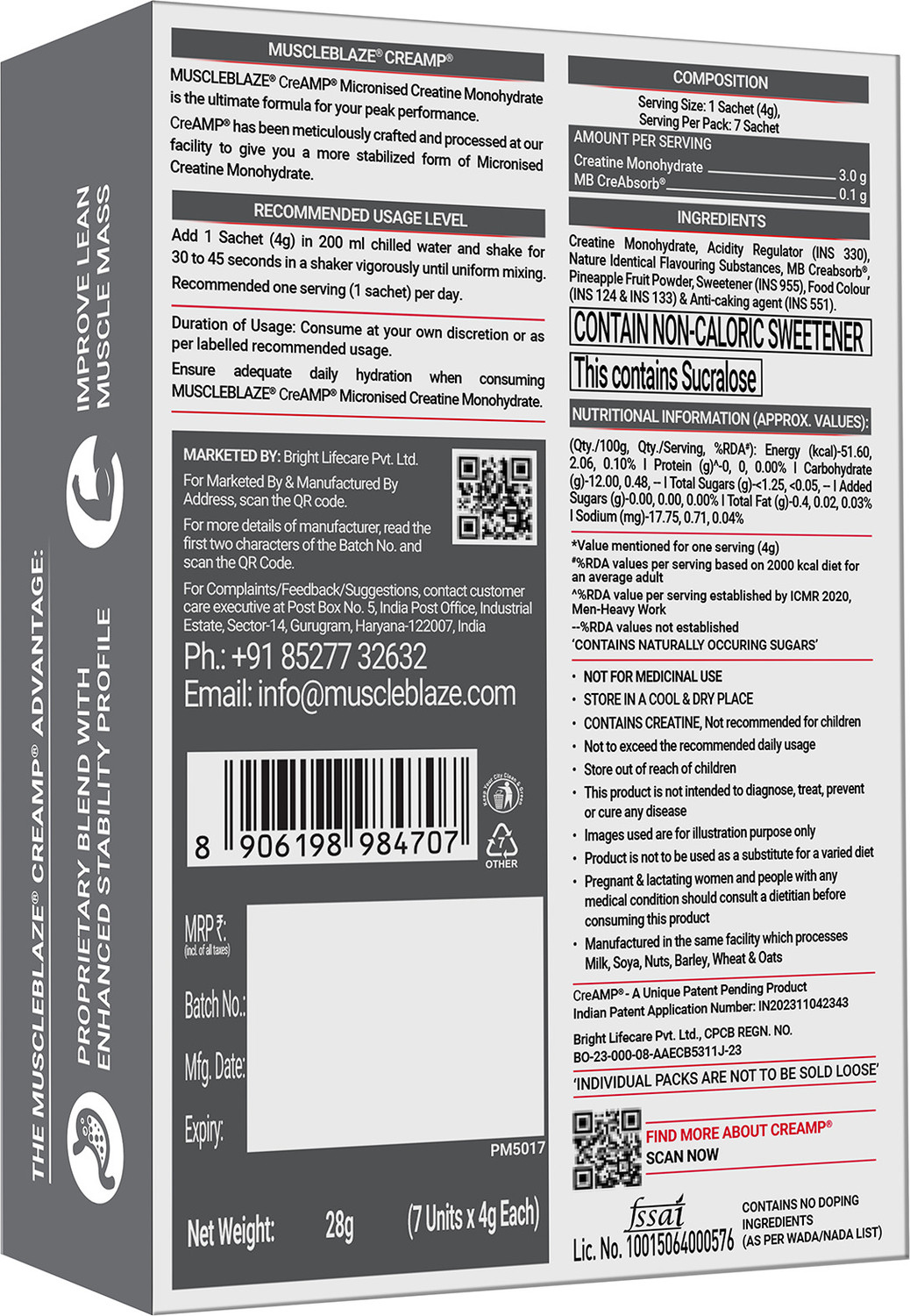 Image of MUSCLEBLAZE Micronised Creatine Monohydrate CreAMP Powder, 7 Sachets | Trustified Certified Creatine