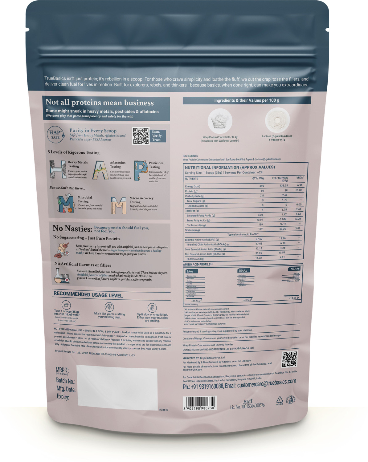 Image of TrueBasics Clean Raw Whey Protein Concentrate Powder | 28g Protein per Scoop Whey Protein