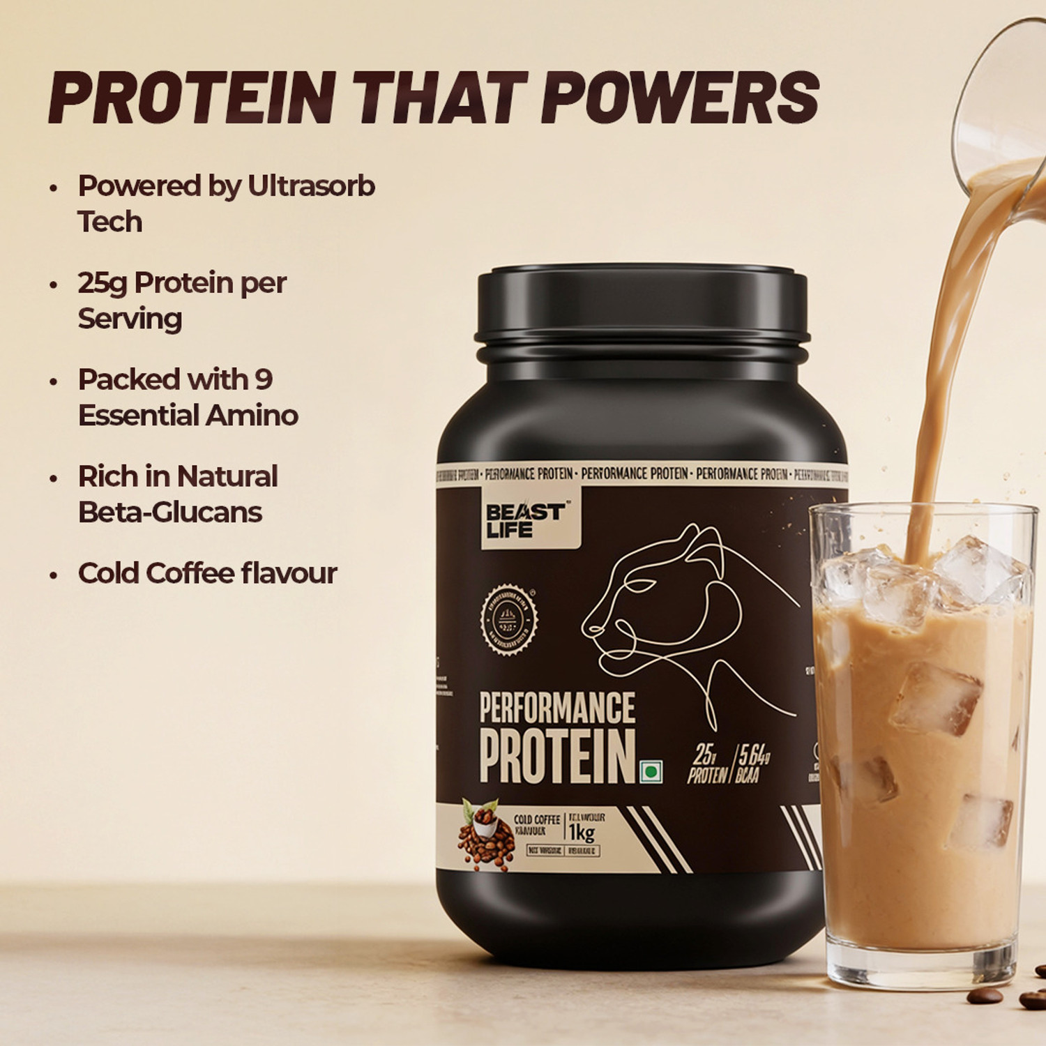 Image of BeastLife Performance Protein Powder with Shaker- 25g Protein, 5.64g BCAA- Yeast Protein Yeast Protein