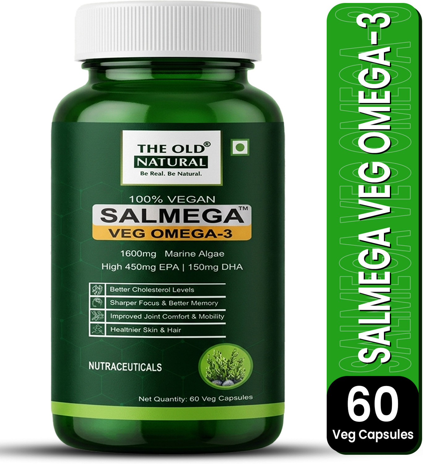 Image of The Old Natural Salmega Omega 3 1600mg | Algae DHA EPA Supplement | Plant Based 60 Capsules Plant-Based Protein