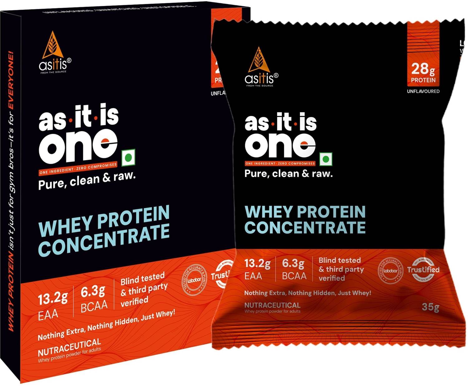 AS-IT-IS Nutrition ONE Whey Protein Concentrate, 28g Unflavored I Easy Carry Travel Sachet Whey Protein