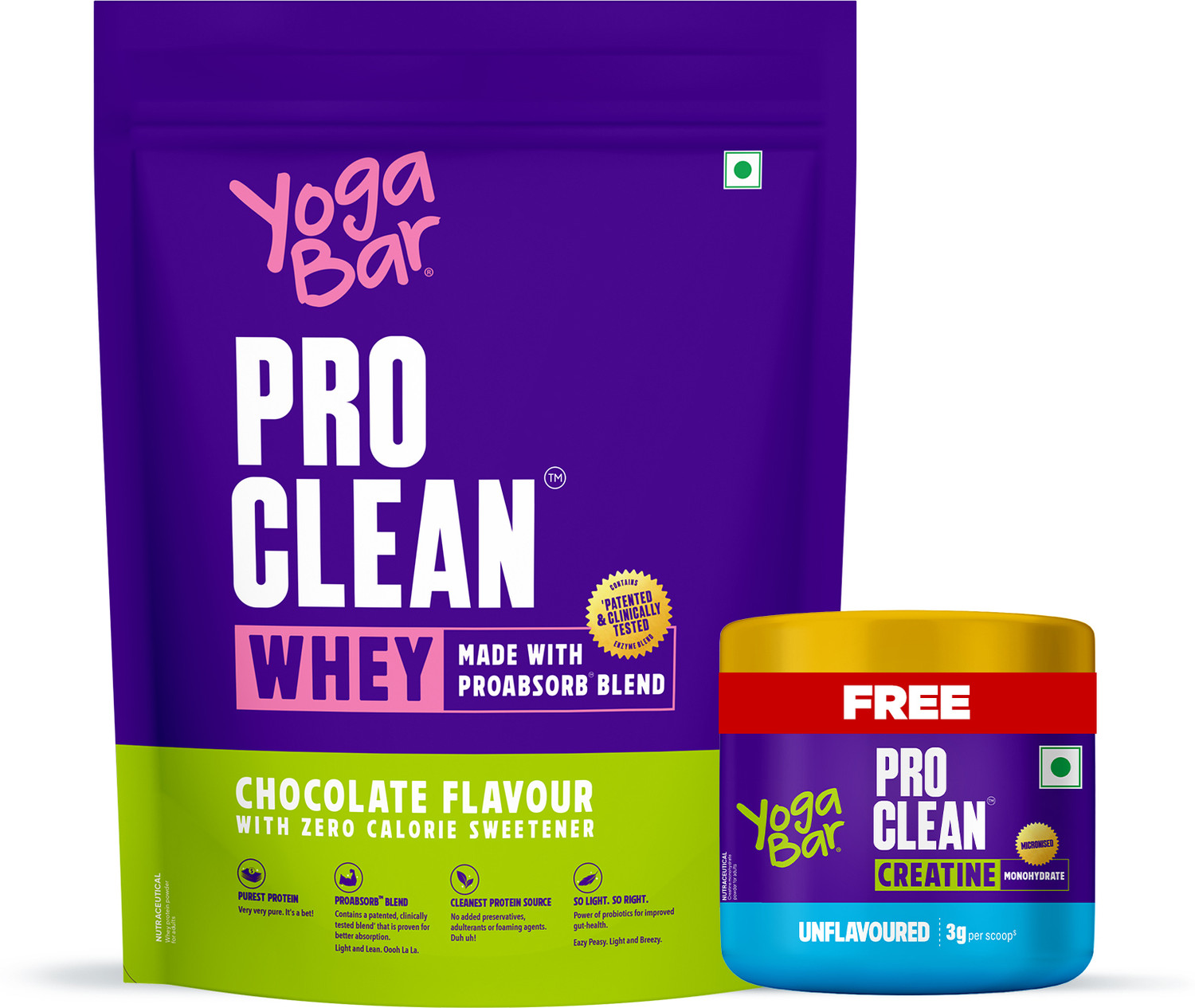 Image of Yogabar Pro Clean Chocolate 0 Calorie Sweetener | Creatine 100g Unflavoured Monohydrate Whey Protein