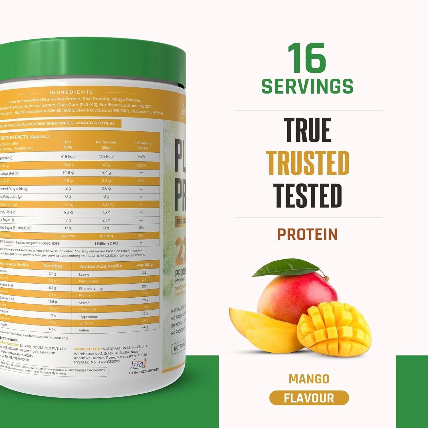 Image of NATURALTEIN Plant Protein - 22g Protein with BC30 Probiotic, No Sugar Plant-Based Protein