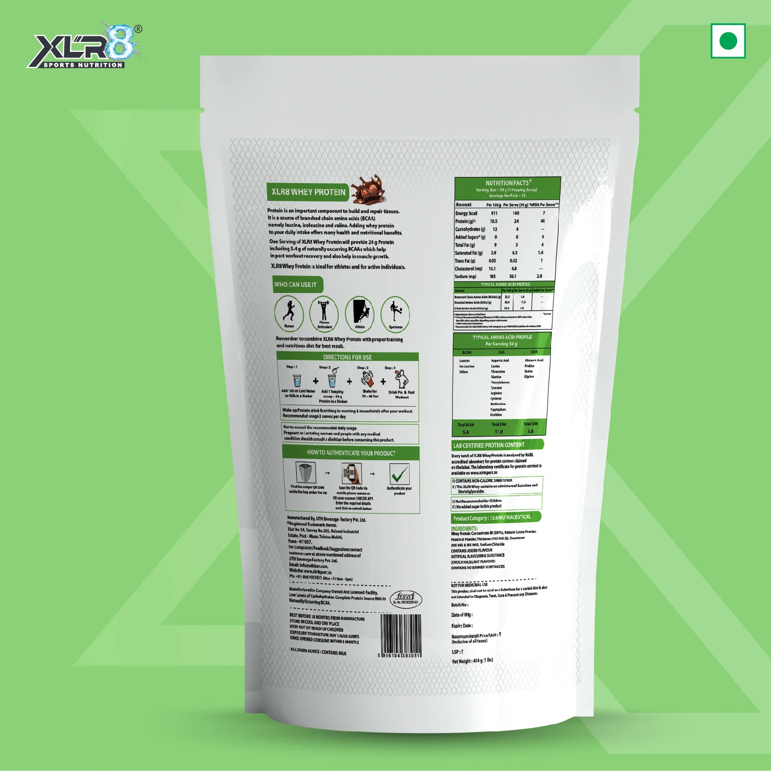 Image of XLR8 Whey Protein with 24 g protein, 5.4 g BCAA - 1 lbs / 454 g Whey Protein