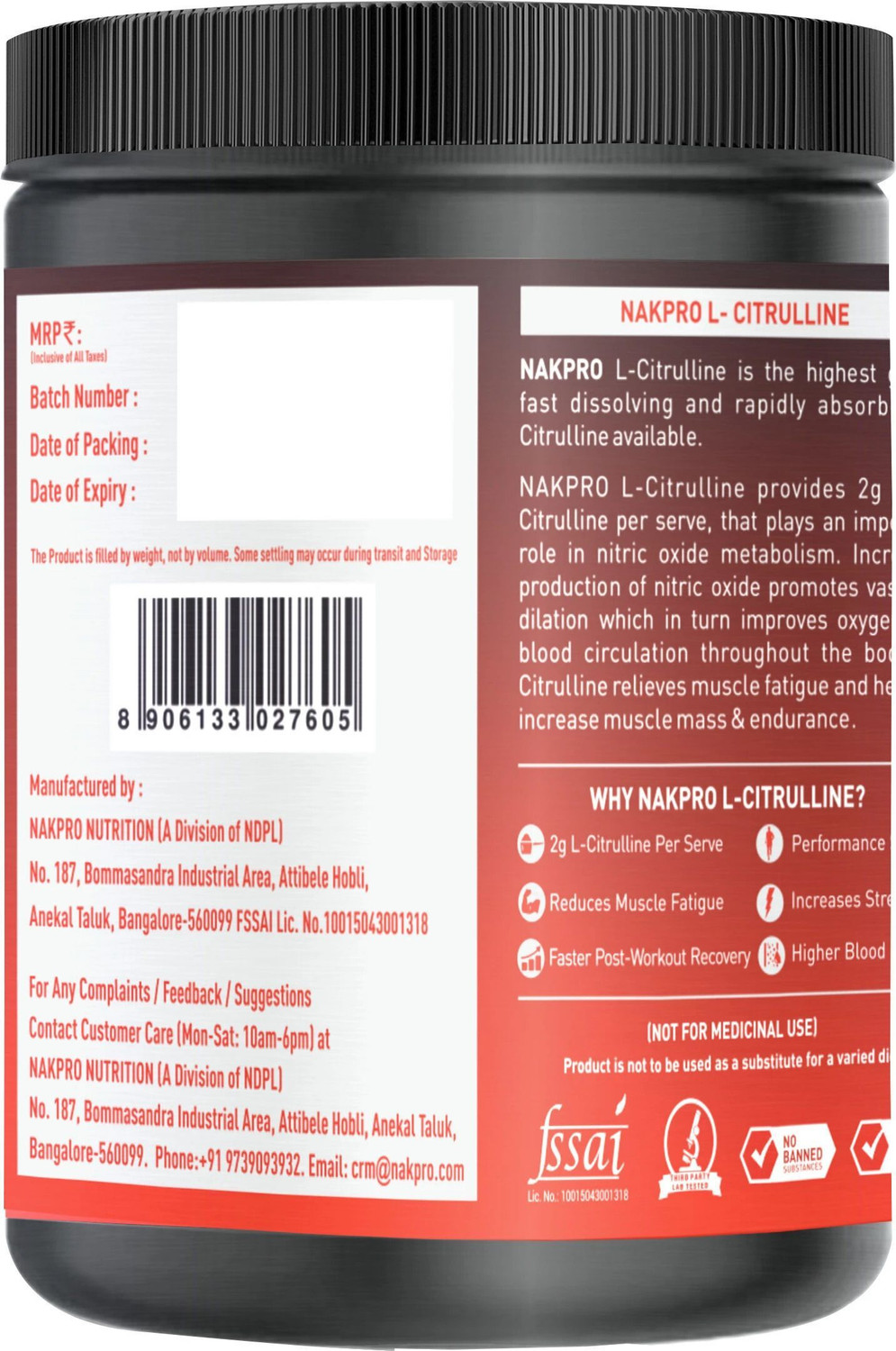 Image of Nakpro Pure L-Citrulline Powder Jar, Boosts Nitric Oxide | Muscle Strength & Endurance EAA (Essential Amino Acids)