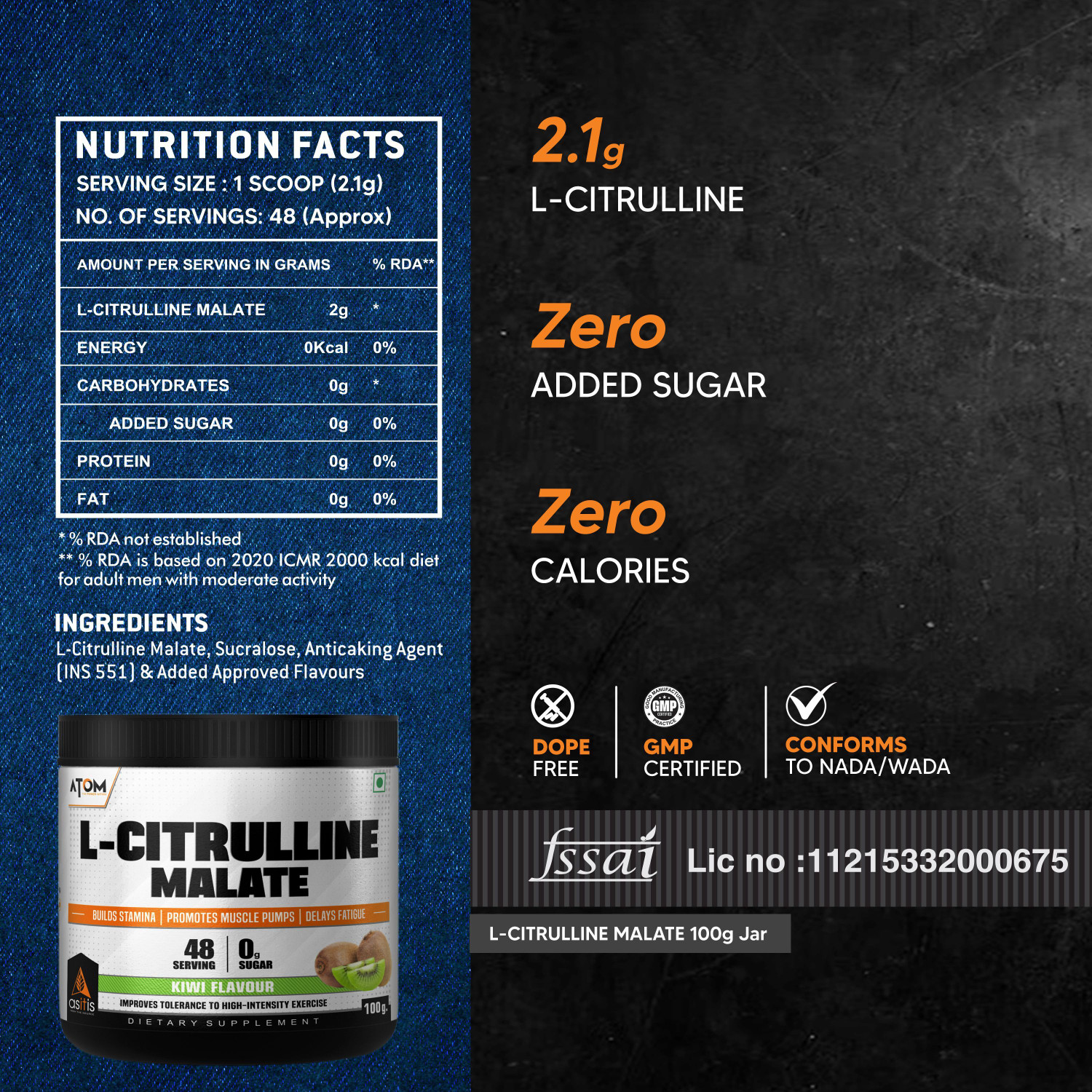 Image of AS-IT-IS Nutrition ATOM L-Citrulline Malate Powder 2000mg, 100gm, Kiwi EAA (Essential Amino Acids)