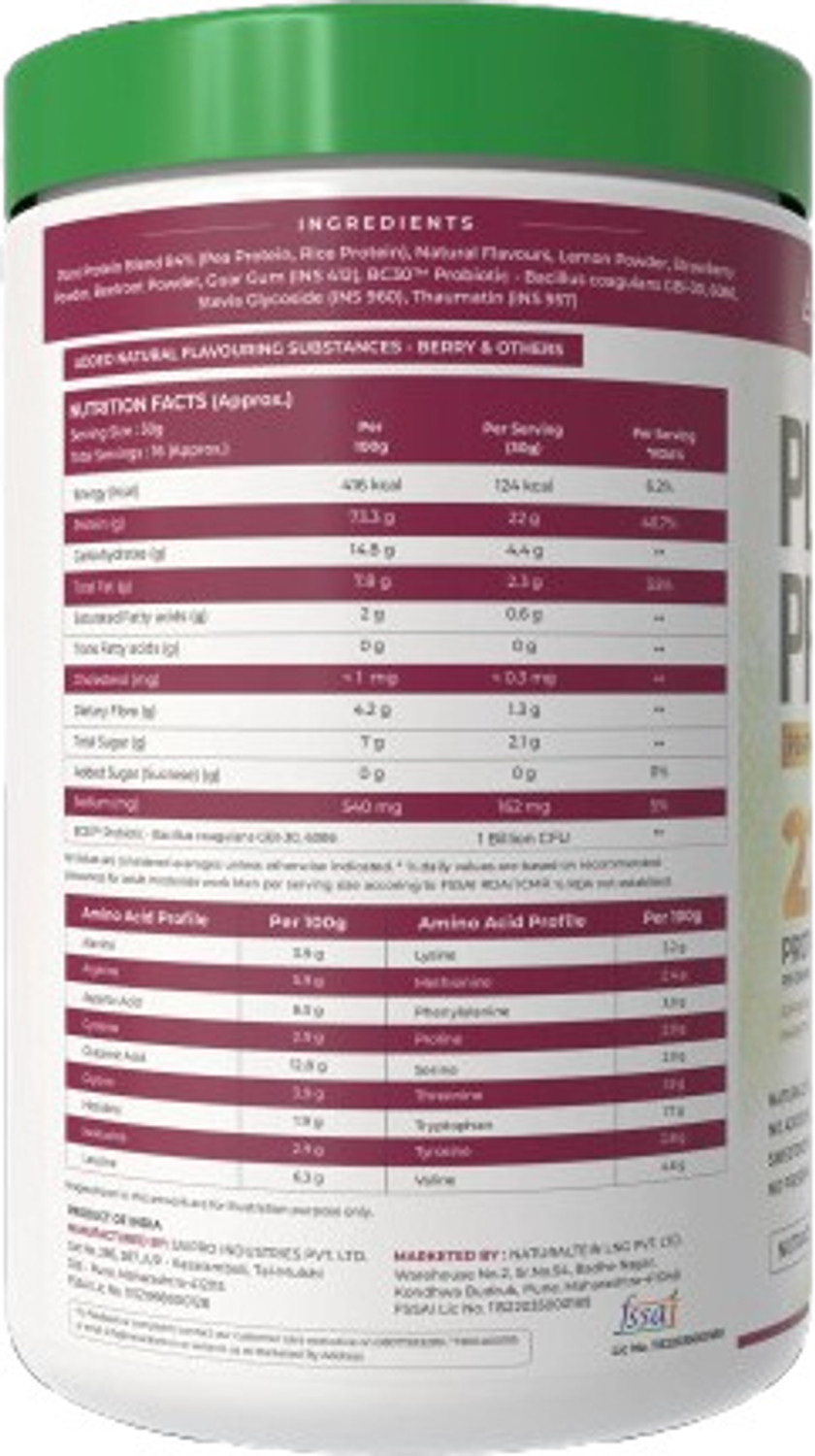 Image of NATURALTEIN Plant Protein | 22g Pea & Rice | Berry Flavor | Vegan, Sugar-Free, Probiotic Plant-Based Protein