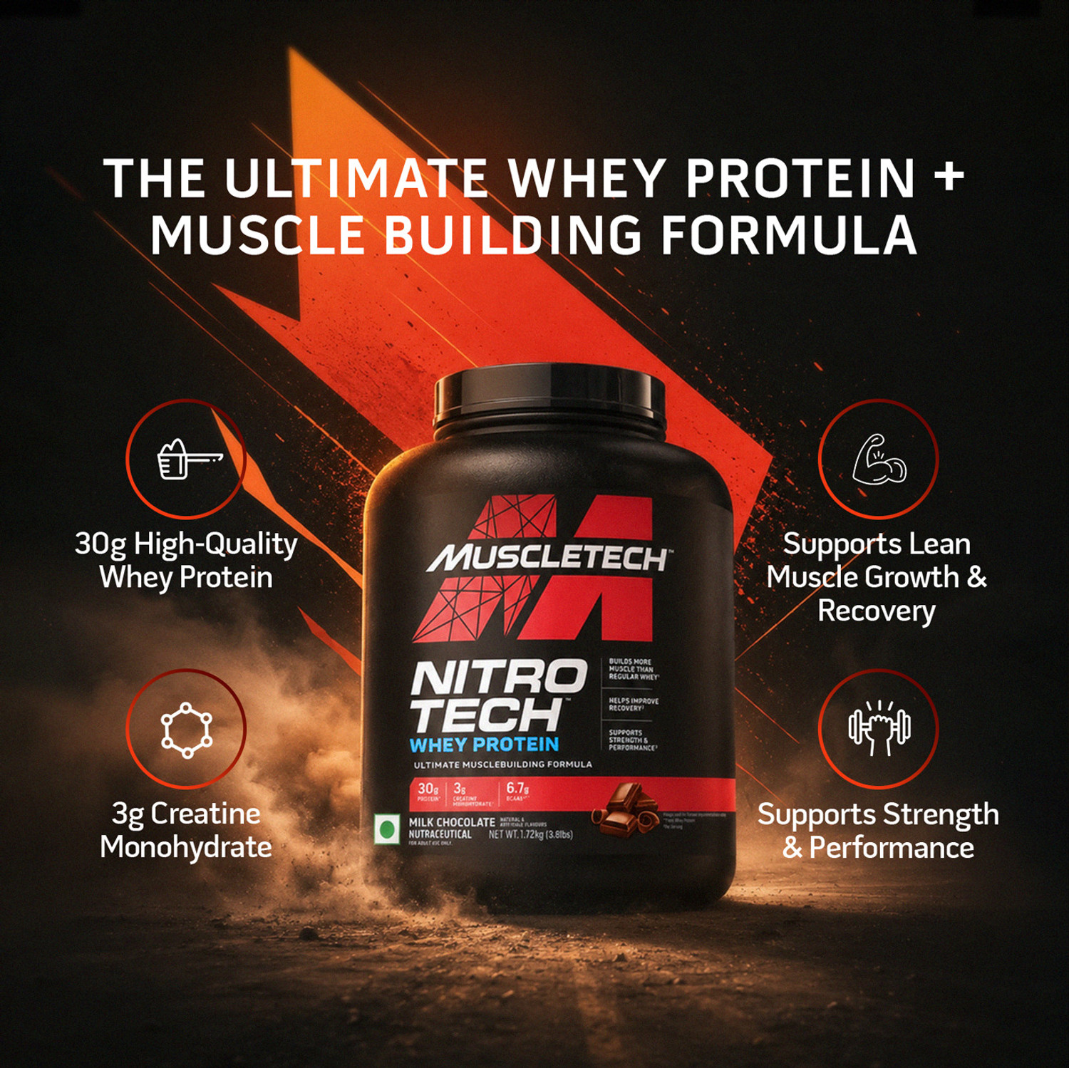 Image of Muscletech Nitro-Tech Whey Protein, 1.72kg (3.8lbs), Milk Chocolate Whey Protein