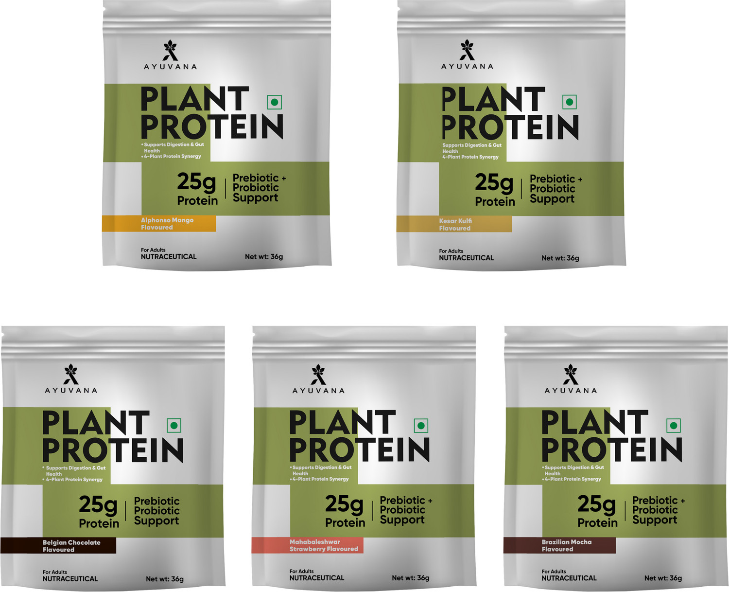 Image of Ayuvana Plant Protein Powder, 24g Protein Per Serving, 180g (5 x 36g Sachets) Plant-Based Protein