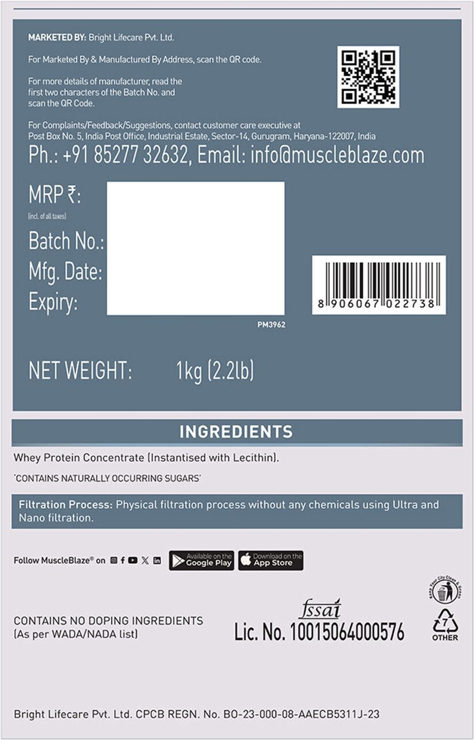 Image of MUSCLEBLAZE 100% Clean Raw Concentrate | 24g Protein per Scoop | Easy to Digest Whey Protein