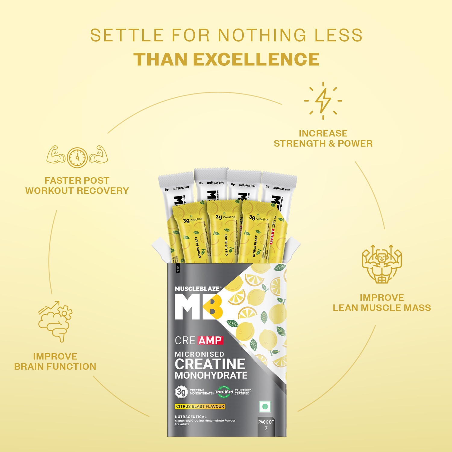 Image of MUSCLEBLAZE Micronised Creatine Monohydrate CreAMP Powder, 7 Sachets | Trustified Certified Creatine