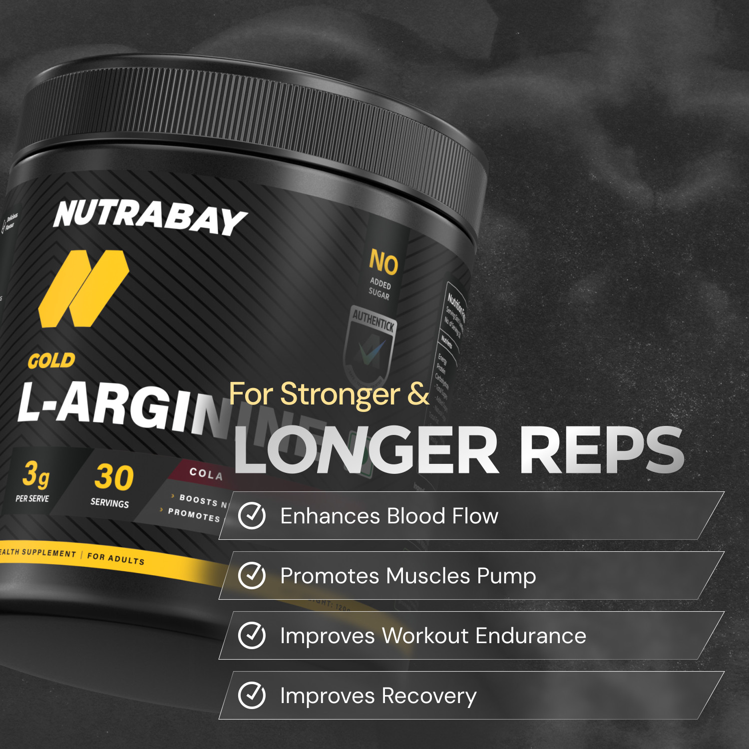 Image of Nutrabay Gold L-Arginine Supplement Powder, Amino Acid for Endurance & Muscle Building, Pre Workout