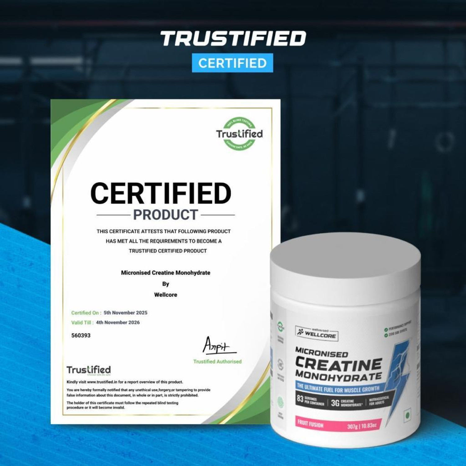Image of Wellcore Micronised Creatine Monohydrate (307g, Fruit Fusion) + Premium Glass Bottle | Creatine