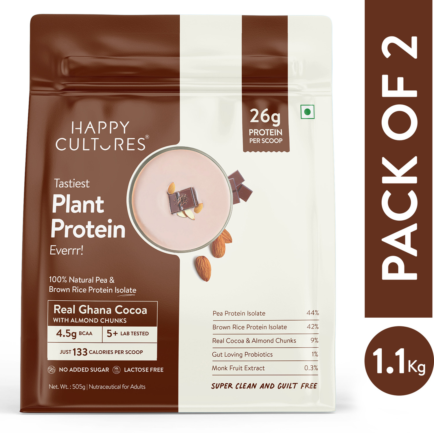 Image of Happy Cultures 26g Chocolate Tastiest Plant Protein|4.5g BCAA, 18 Amino Acid| Vegan Plant-Based Protein