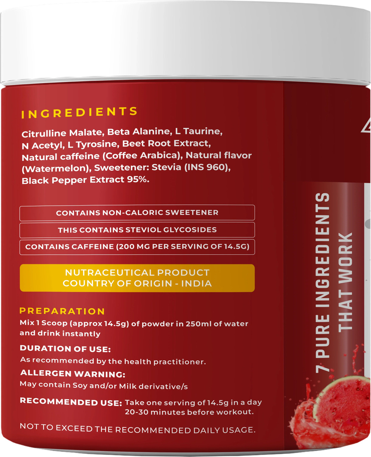 Image of NATURALTEIN PURE-07 Natural and Vegan Pre-Workout Supplement Pack, 200 g (Watermelon) Pre Workout