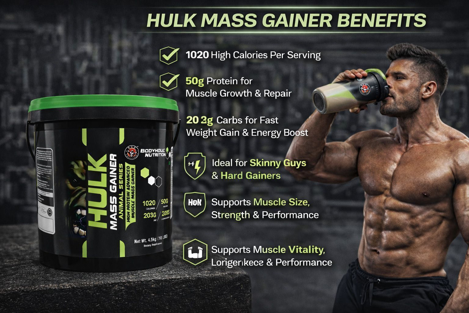 Image of BN BAGRI NUTRITION Nutrition Hulk Mass Gainer & Hulk Muscle Mass Gainer (11lbs) Weight Gainers /Mass Gainers