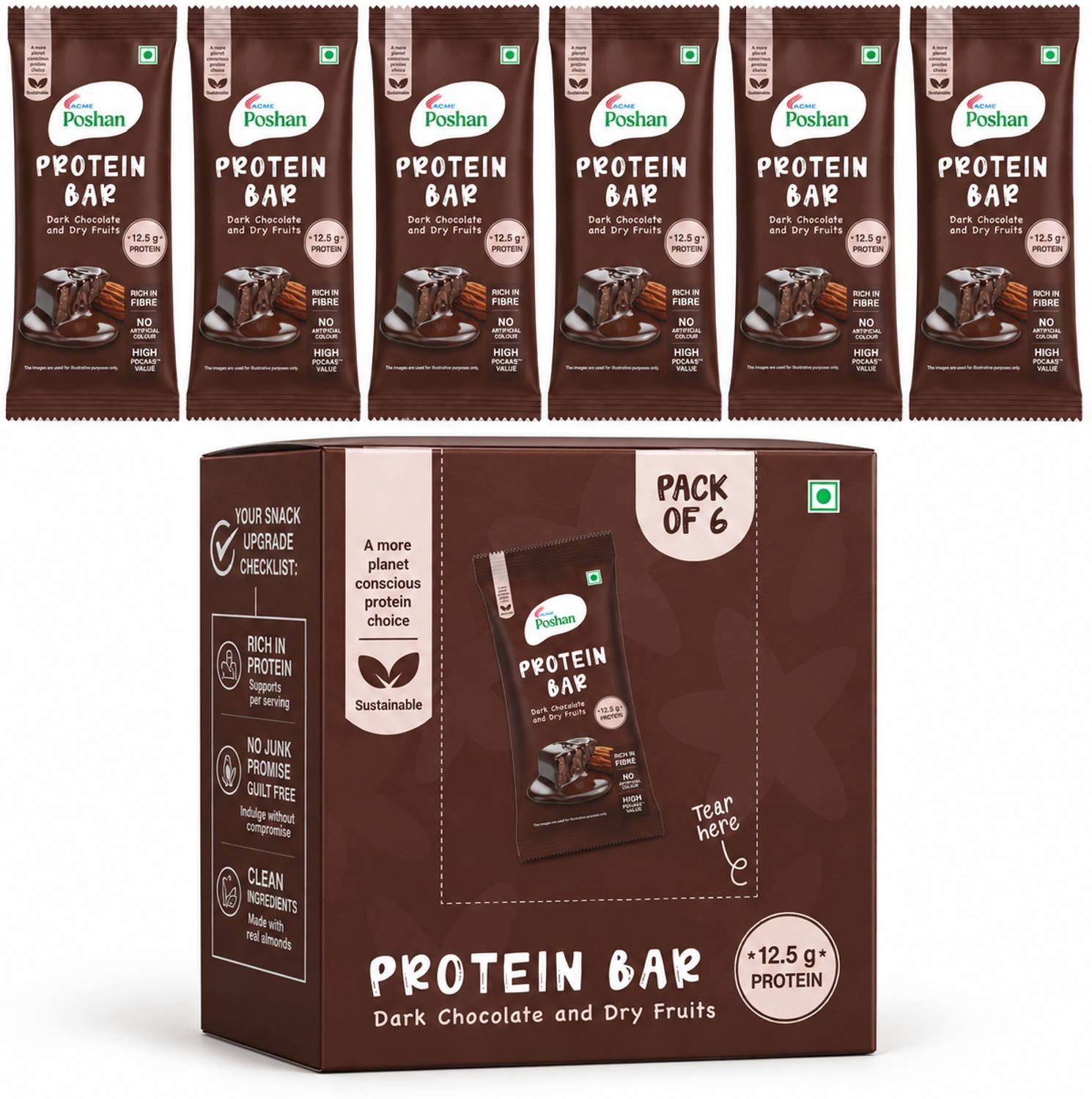 Acme Poshan Protein Bar Dark Chocolate and Dry Fruits 50gms, 12.5gms protein-Pack of 6 Protein Bars