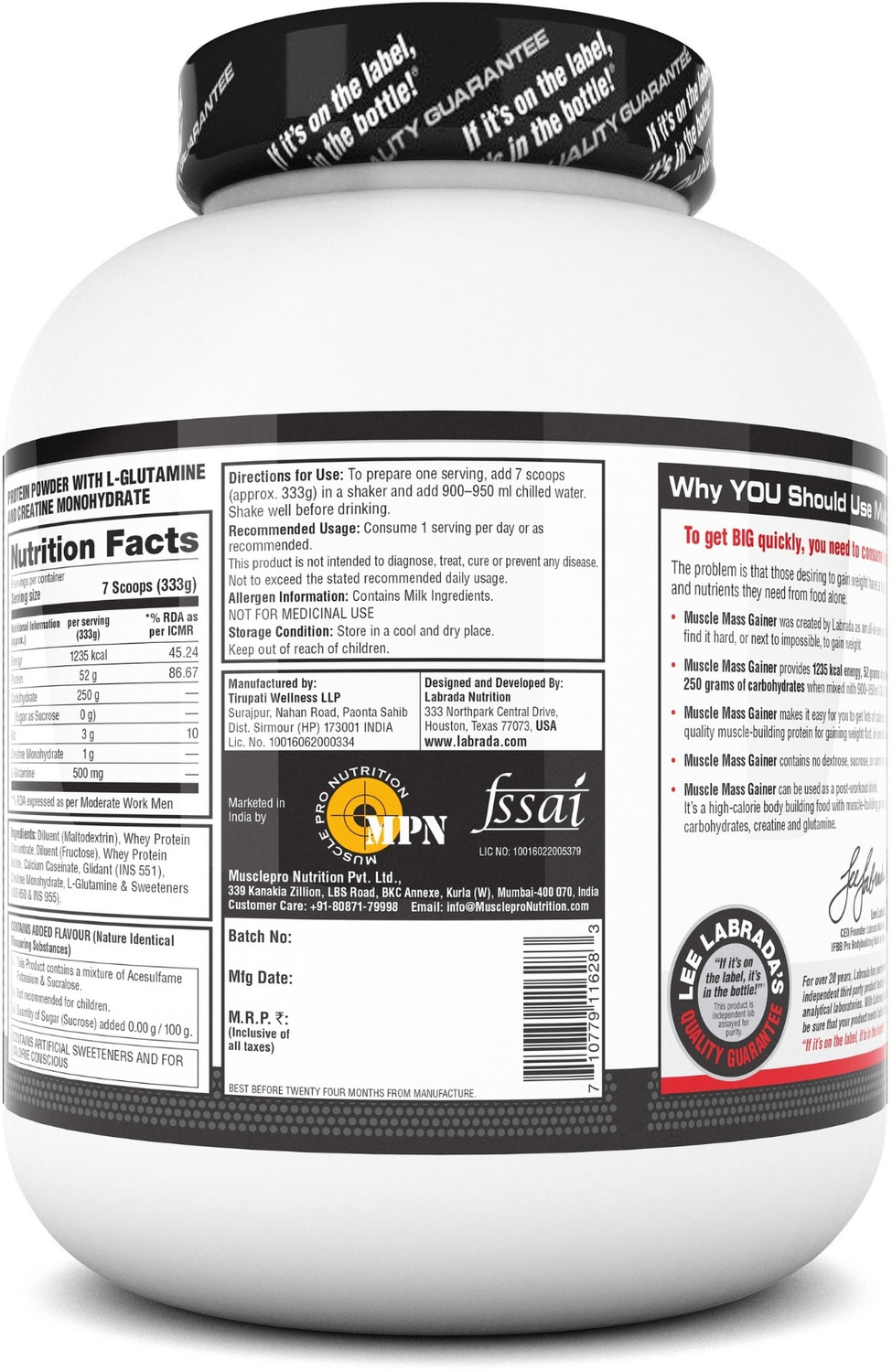 Image of Labrada Muscle Mass Gainer Vanilla | Weight Gainer with Protein | 3 Servings Weight Gainers /Mass Gainers