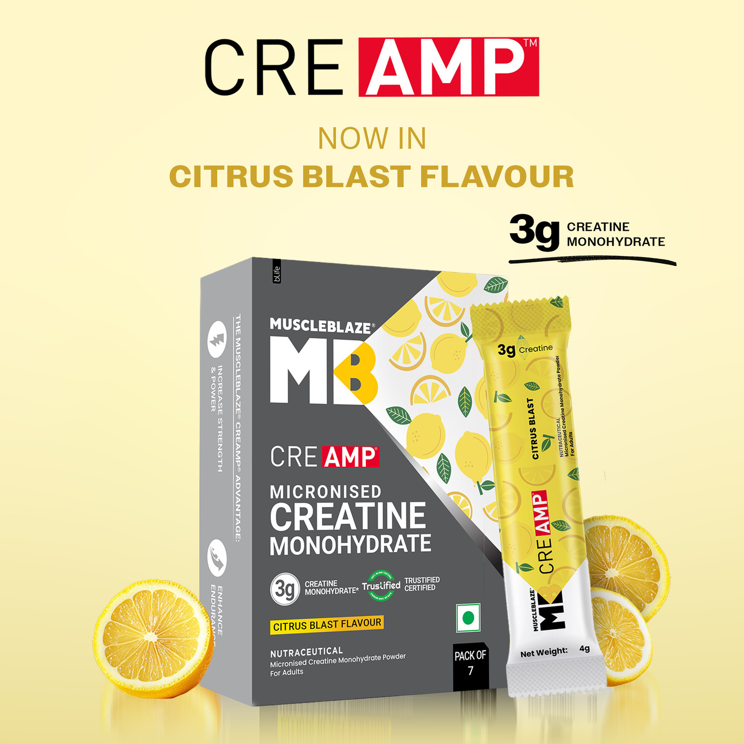 Image of MUSCLEBLAZE Micronised Creatine Monohydrate CreAMP Powder, 7 Sachets | Trustified Certified Creatine