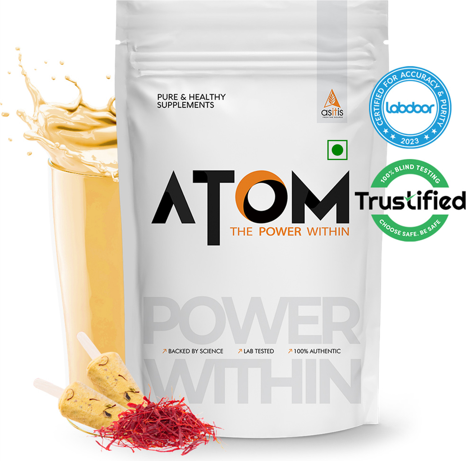 Image of AS-IT-IS Nutrition ATOM Whey Protein 3lbs, 27g protein, Isolate & Concentrate, Kesar Kulfi Whey Protein