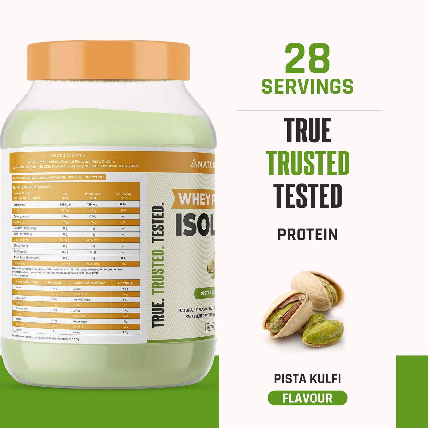 Image of NATURALTEIN Whey Isolate 1kg Pista Kulfi | 30g Protein | Clean, Natural & Sugar-Free Whey Protein