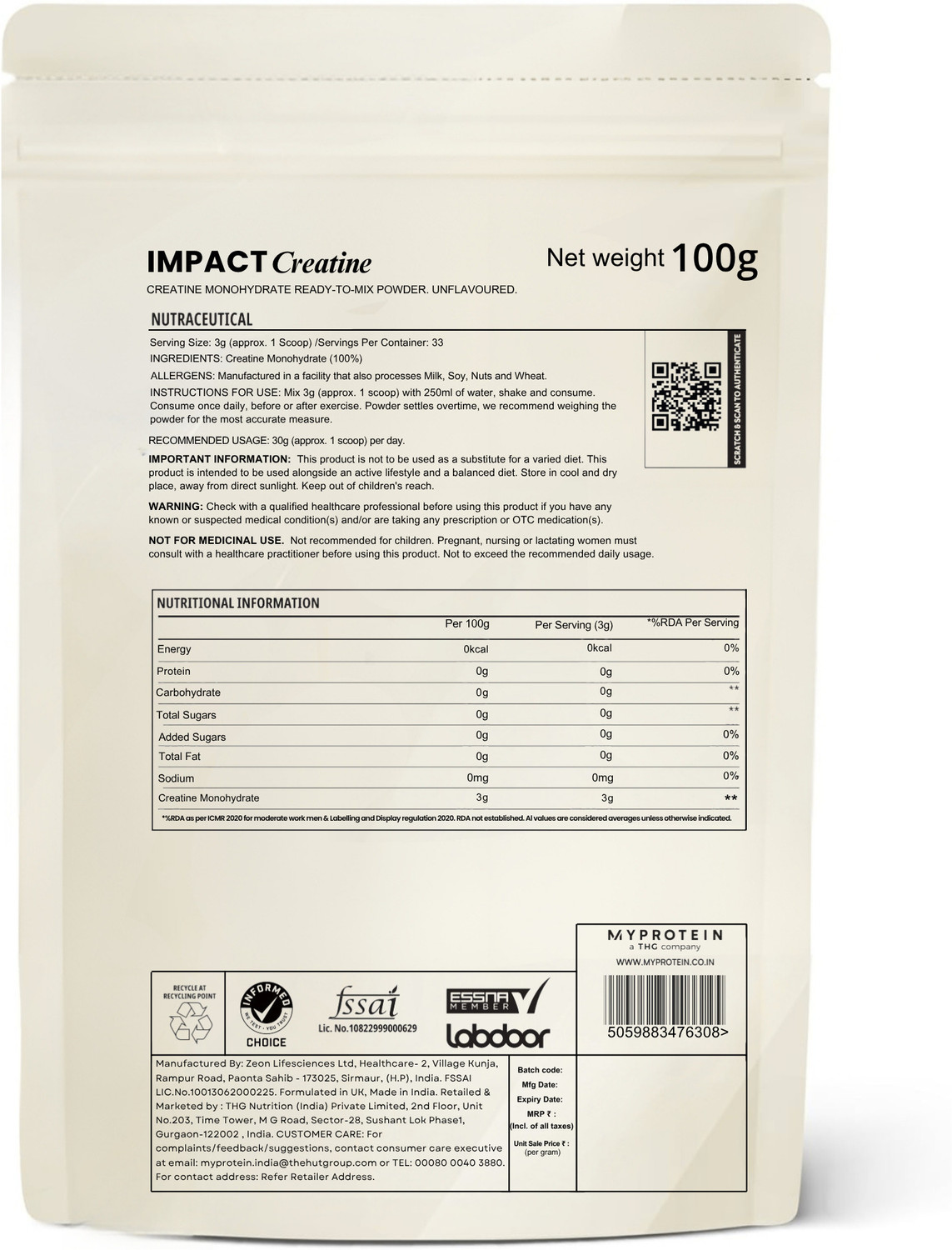 Image of Myprotein Creatine Monohydrate Powder, 250g (80 Servings) Nimbu Pani, Dissolves Easy Creatine