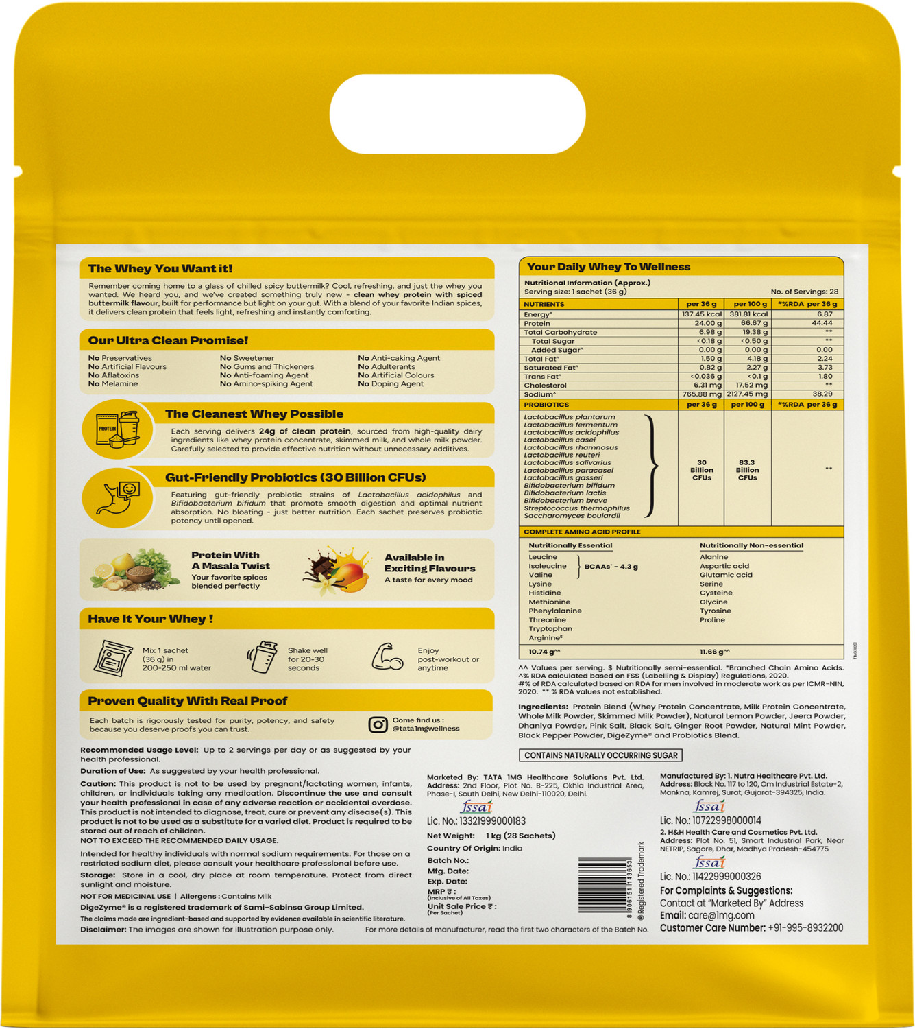 Image of TATA 1mg Ultra Clean Whey Protein Concentrate|24g Protein|Lab-Tested|28 sachets Whey Protein