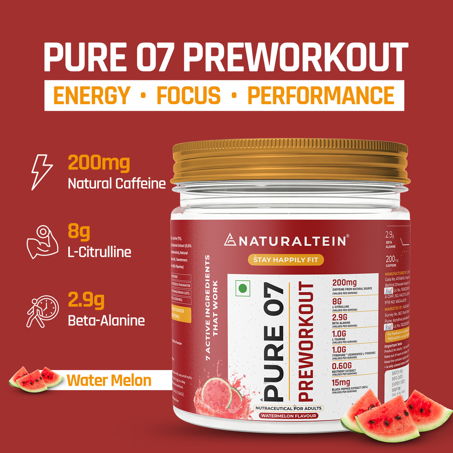 Image of NATURALTEIN PURE-07 Natural and Vegan Pre-Workout Supplement Pack, 200 g (Watermelon) Pre Workout