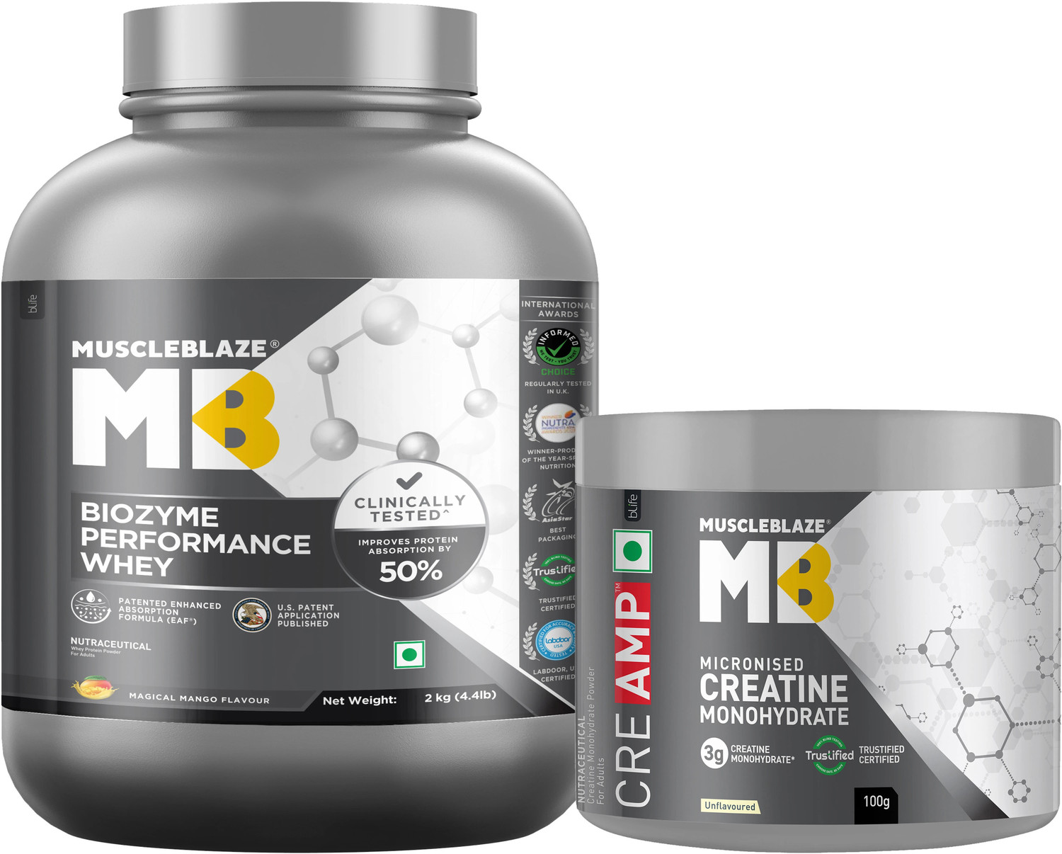 Image of MUSCLEBLAZE Biozyme Performance Whey Protein Powder & Micronised Creatine Monohydrate CreAMP Whey Protein