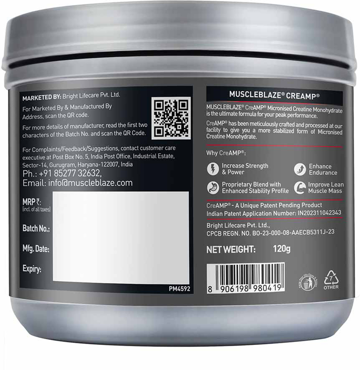 Image of MUSCLEBLAZE Micronised Creatine Monohydrate CreAMP Powder, Trustified Certified Creatine