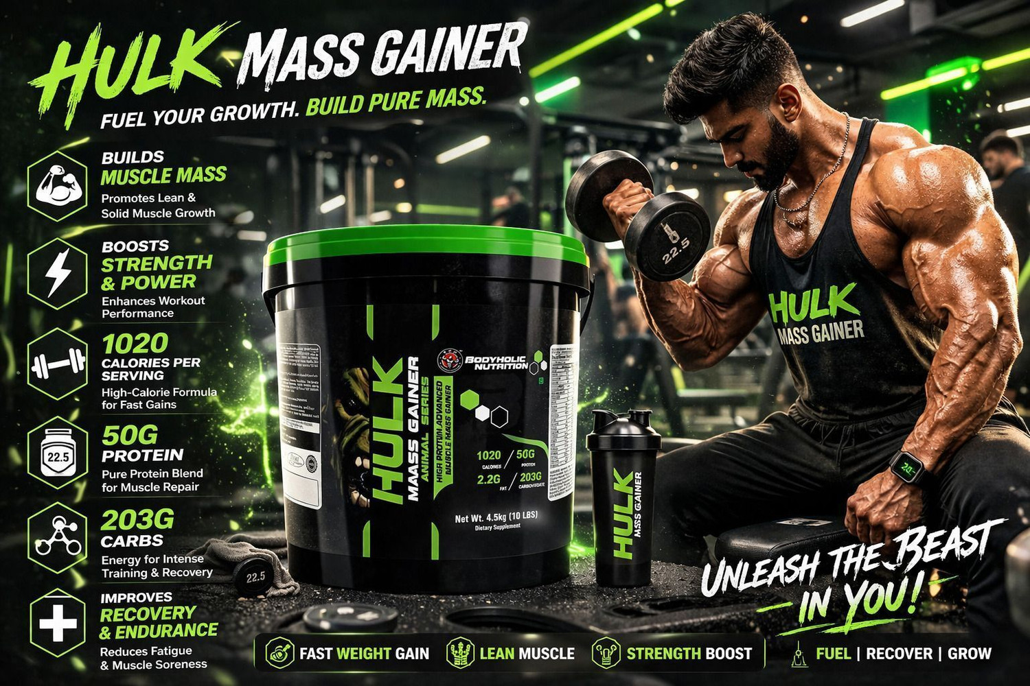 Image of BN BAGRI NUTRITION Nutrition Hulk Mass Gainer & Hulk Muscle Mass Gainer (11lbs) Weight Gainers /Mass Gainers