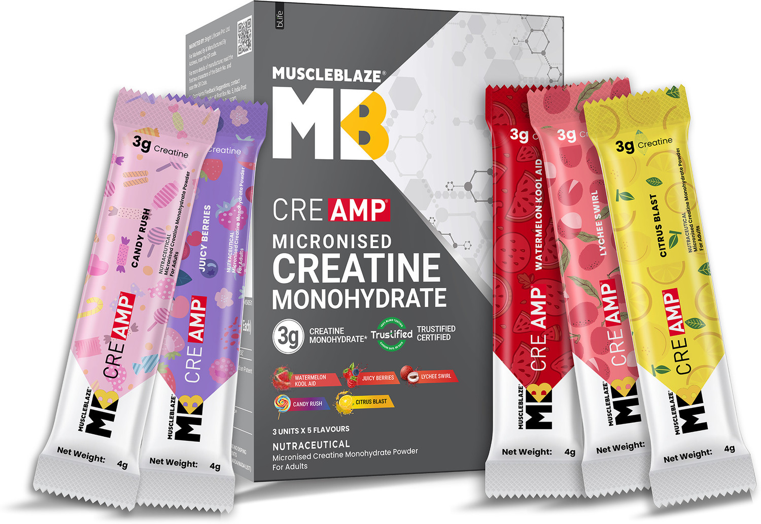 Image of MUSCLEBLAZE Micronised Creatine Monohydrate CreAMP Powder, 15 Sachets | Trustified Certified Creatine