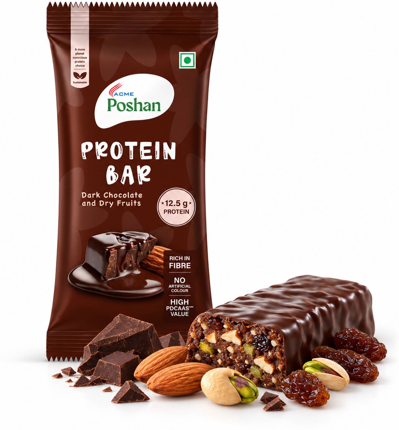 Acme Poshan Protein Bar Dark Chocolate and Dry Fruits 50gms, 12.5gms protein-Pack of 1 Protein Bars