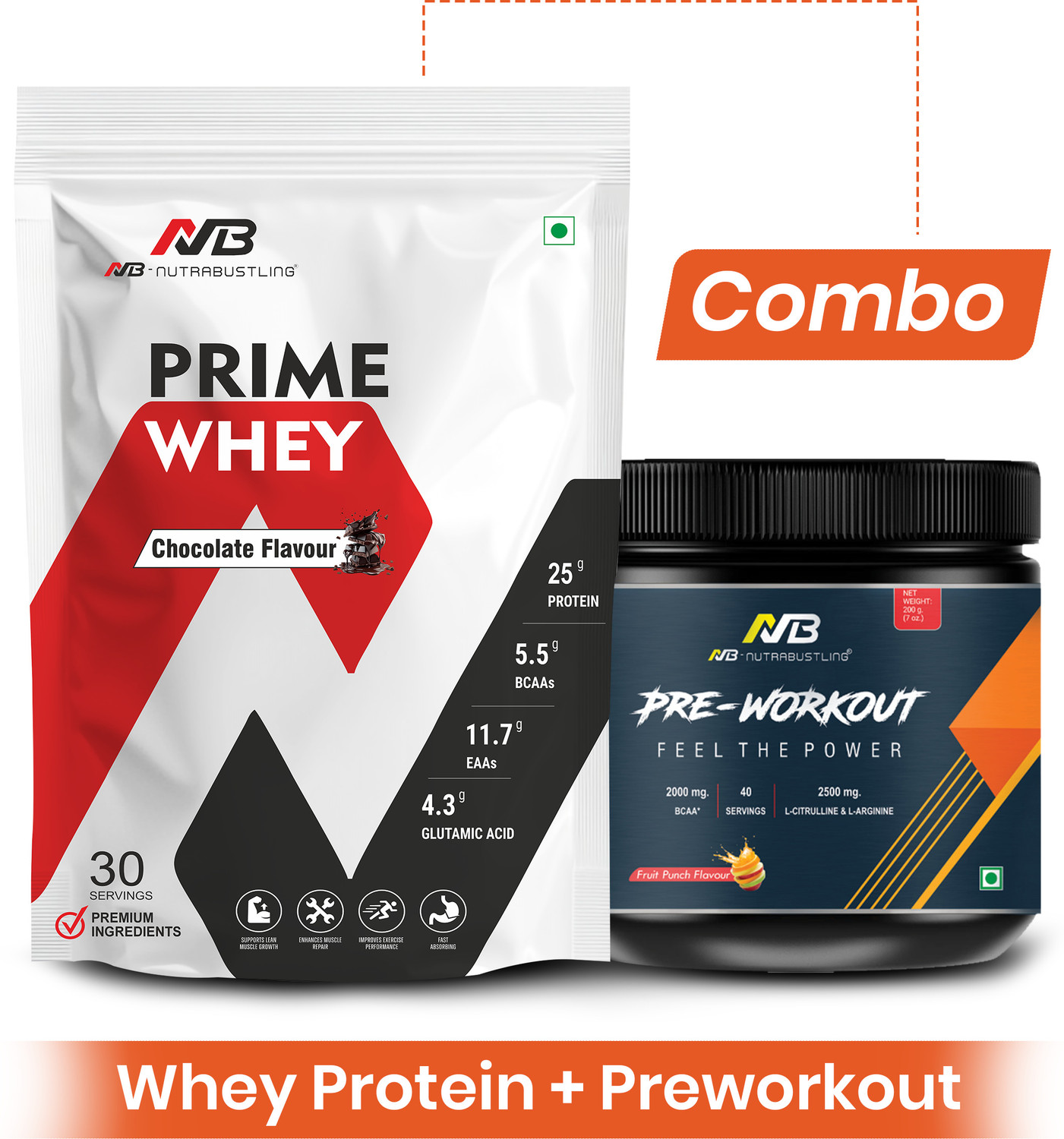 Image of Nutrabustling Prime Whey Protein 1kg Concentrate Powder & 200g Preworkout Supplement Combo Whey Protein