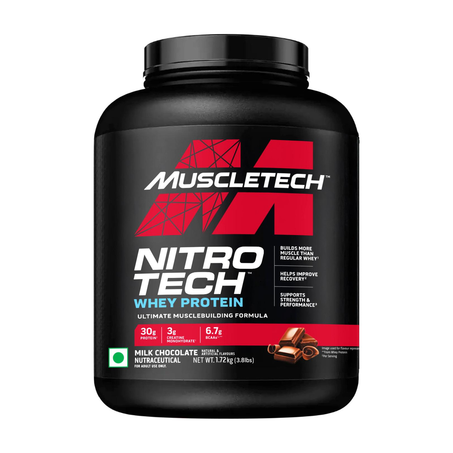 Image of Muscletech Nitro-Tech Whey Protein, 1.72kg (3.8lbs), Milk Chocolate Whey Protein