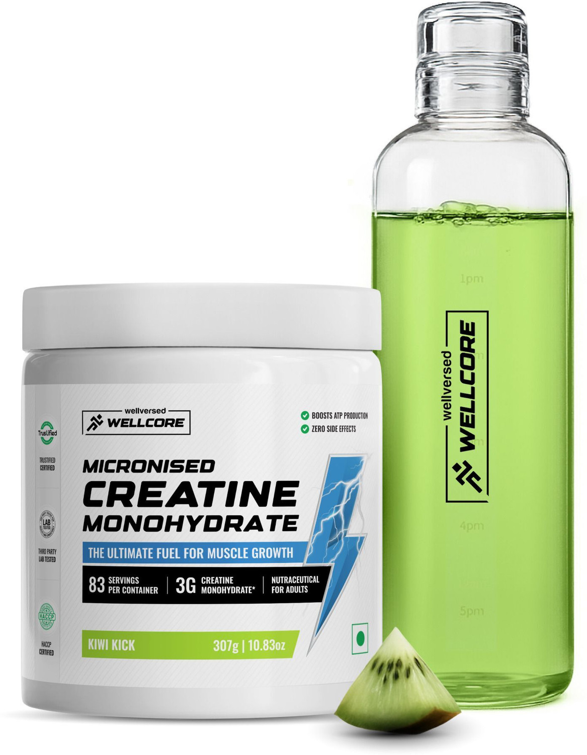 Image of Wellcore Micronised Creatine Monohydrate (307g, Kiwi Kick) + Premium Glass Bottle | Creatine