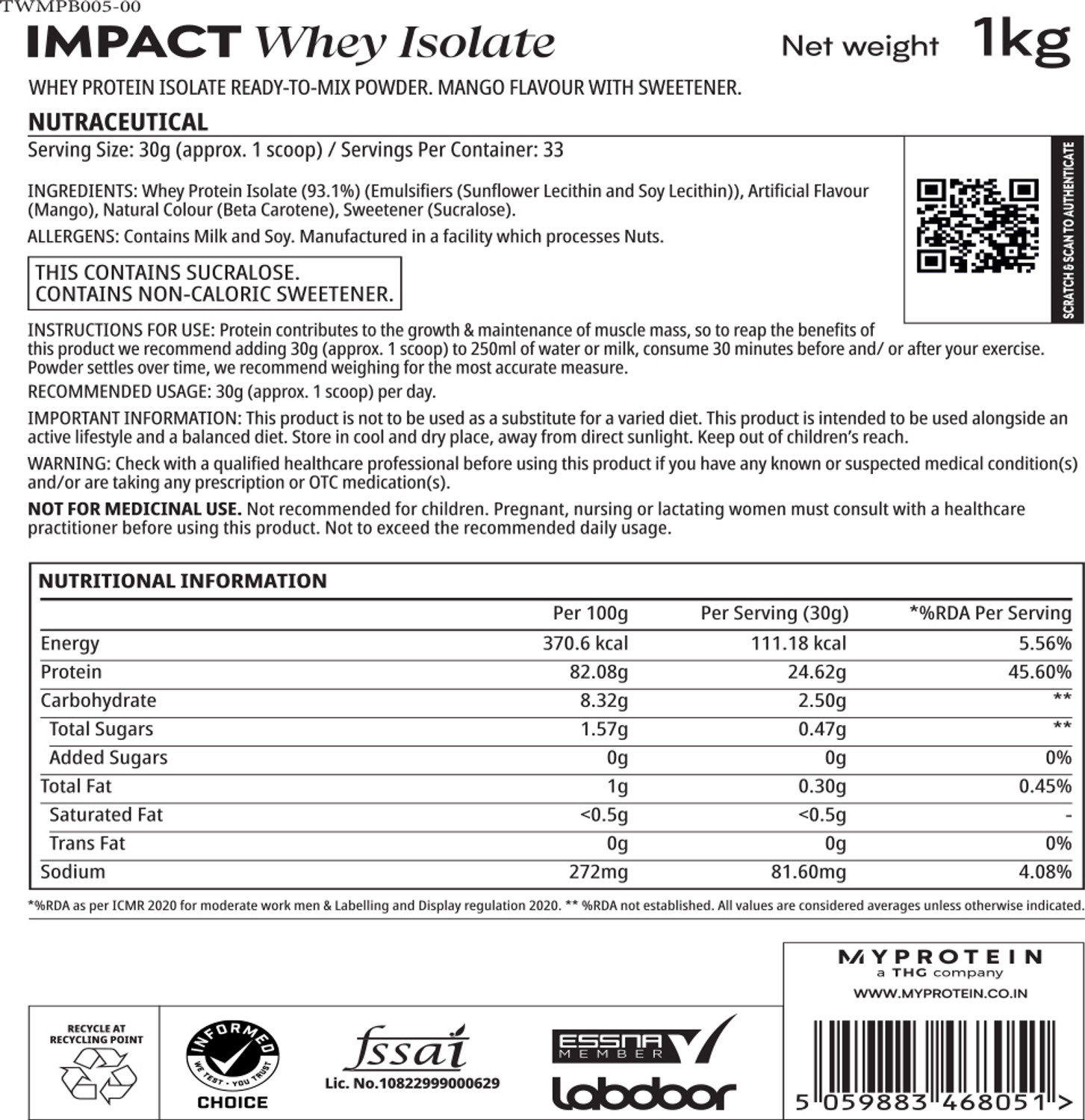 Image of Myprotein Impact Whey Isolate Protein With BCAA Glutamine For Muscle Support Low Fat Lean Whey Protein