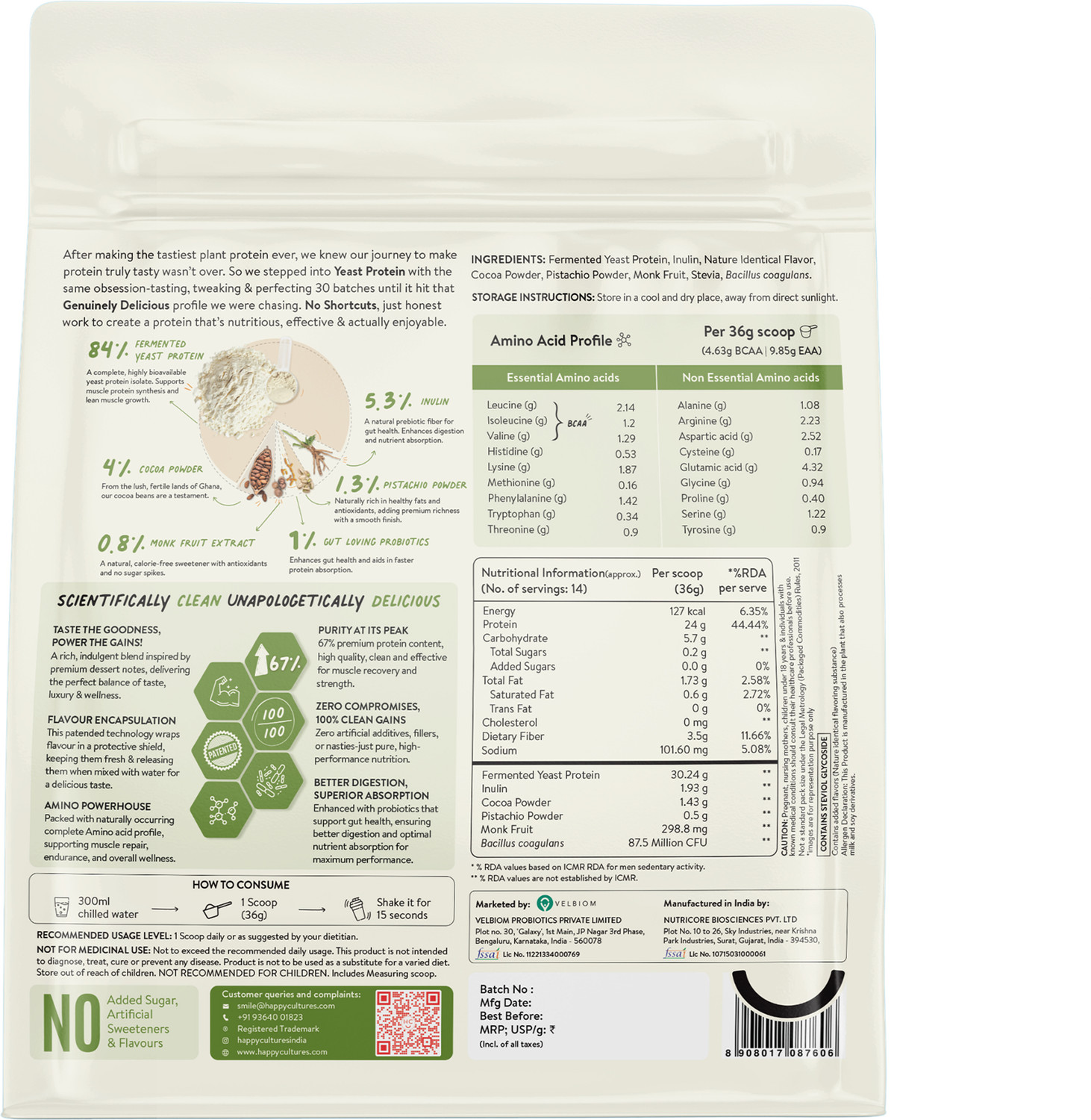 Image of Happy Cultures Dubai Kunafa Chocolate Fermented Yeast Protein Isolate 505g, 24g Protein Yeast Protein