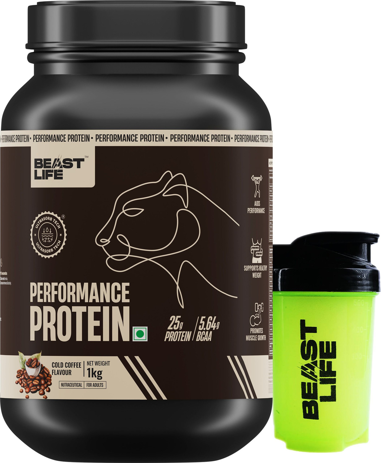 Image of BeastLife Performance Protein Powder with Shaker- 25g Protein, 5.64g BCAA- Yeast Protein Yeast Protein