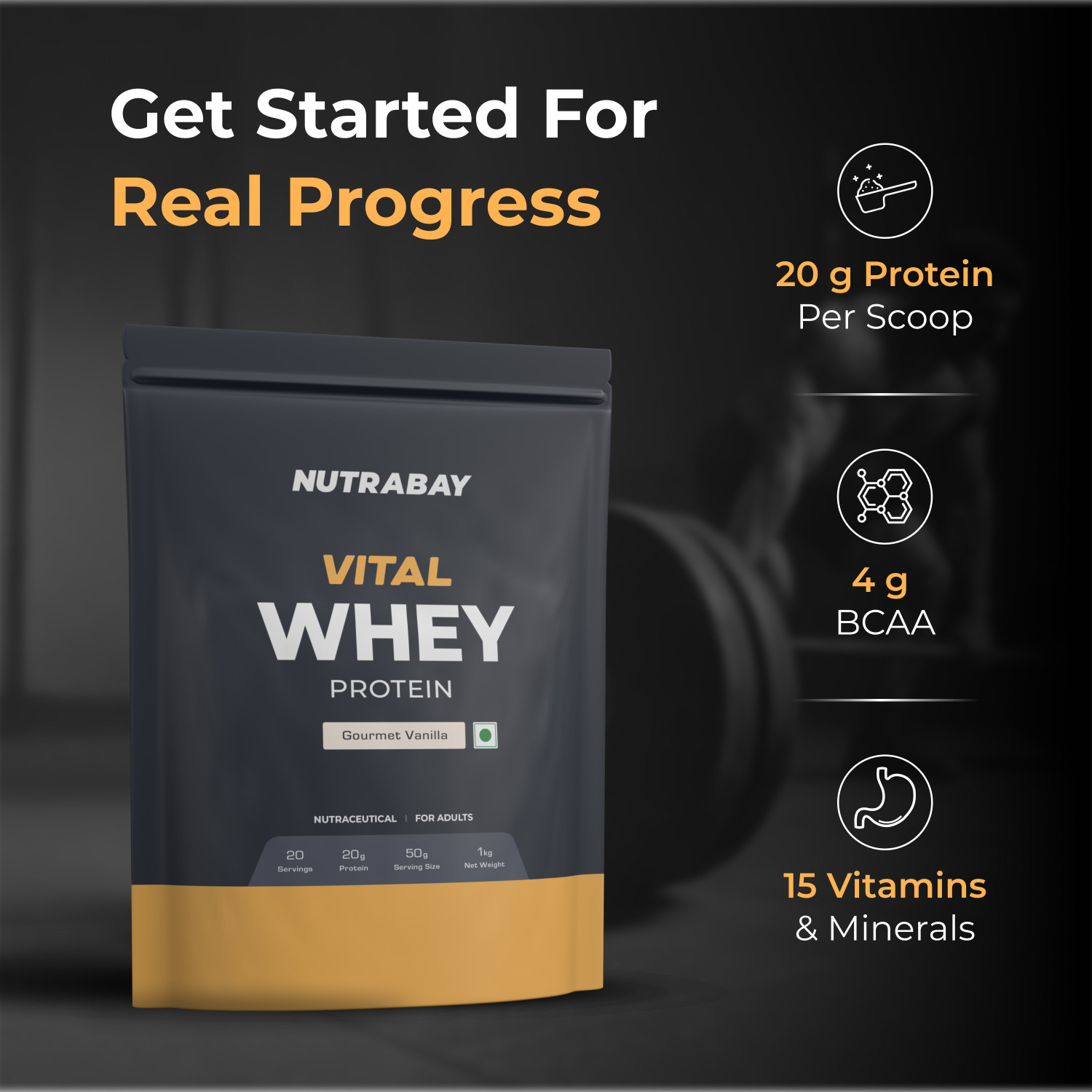 Image of Nutrabay Gold Vital Whey Protein for Beginners, 20.4g Protein- 1kg, Gourmet Vanilla Whey Protein
