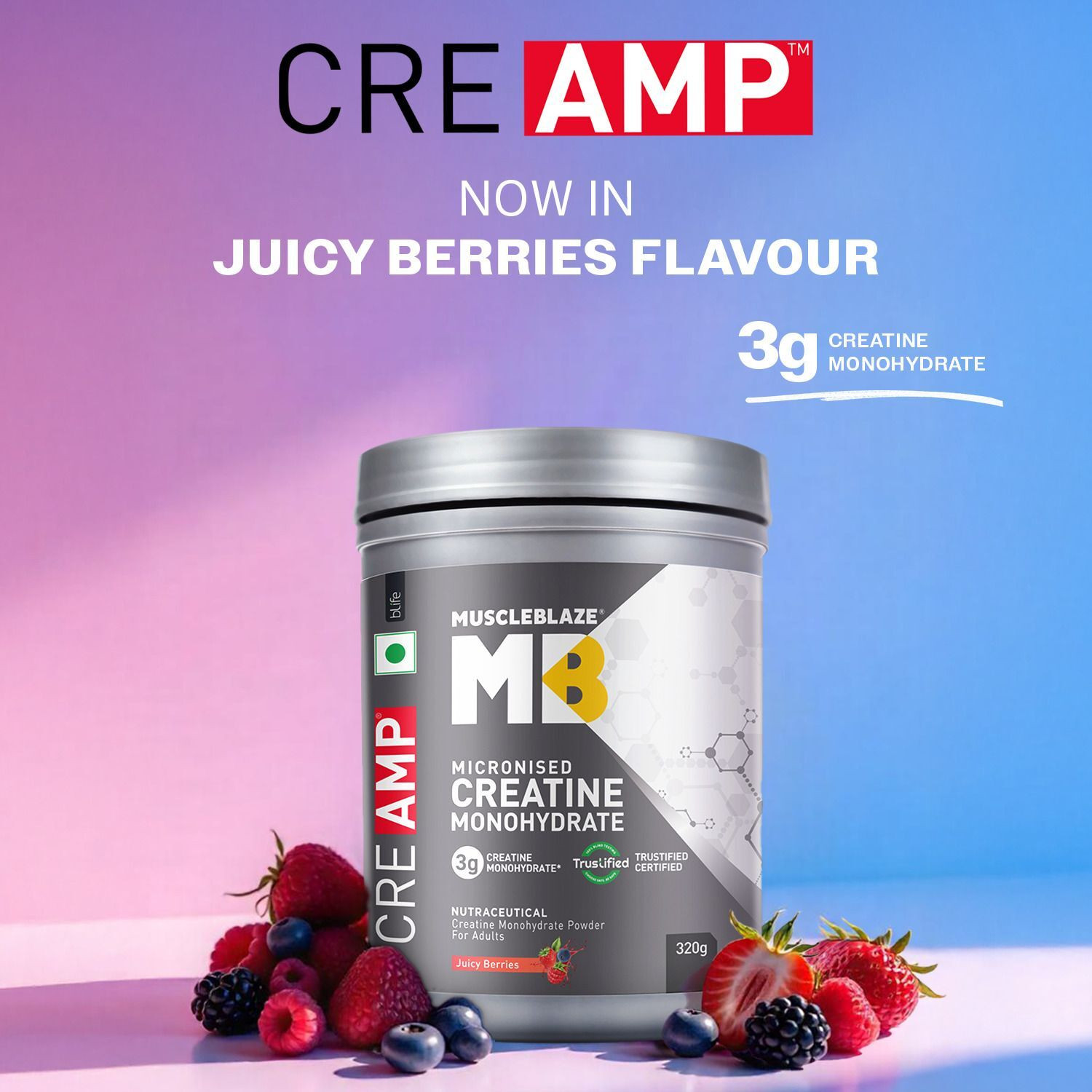 Image of MUSCLEBLAZE Micronised Creatine Monohydrate CreAMP Powder with Shaker, Trustified Certified Creatine